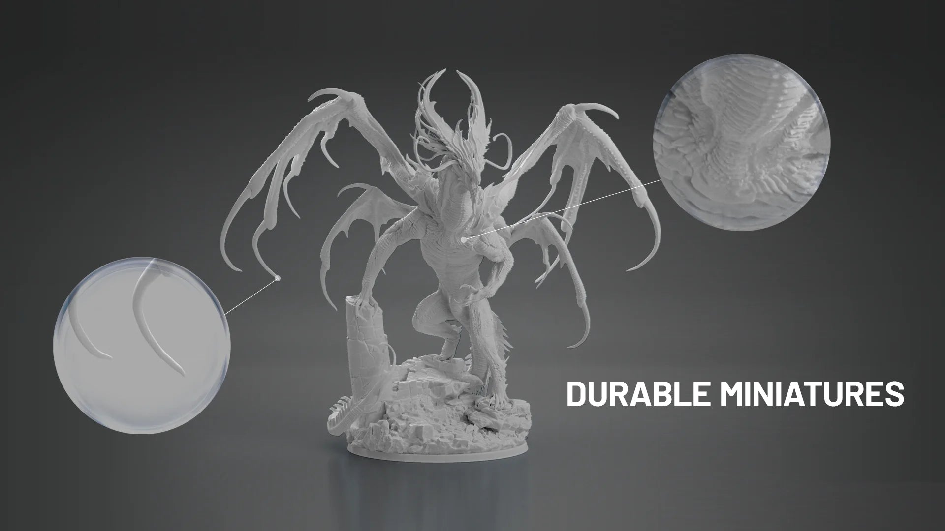 Detailed dragon miniature printed with HeyGears PAU11 ABS-like resin for durable, impact-resistant display models.