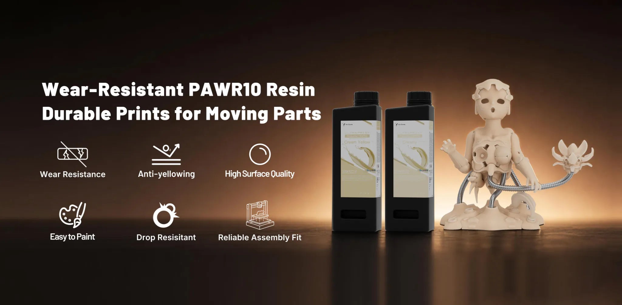 HeyGears PAWR10 wear-resistant resin with two bottles and a 3D printed articulated model for durable moving parts.