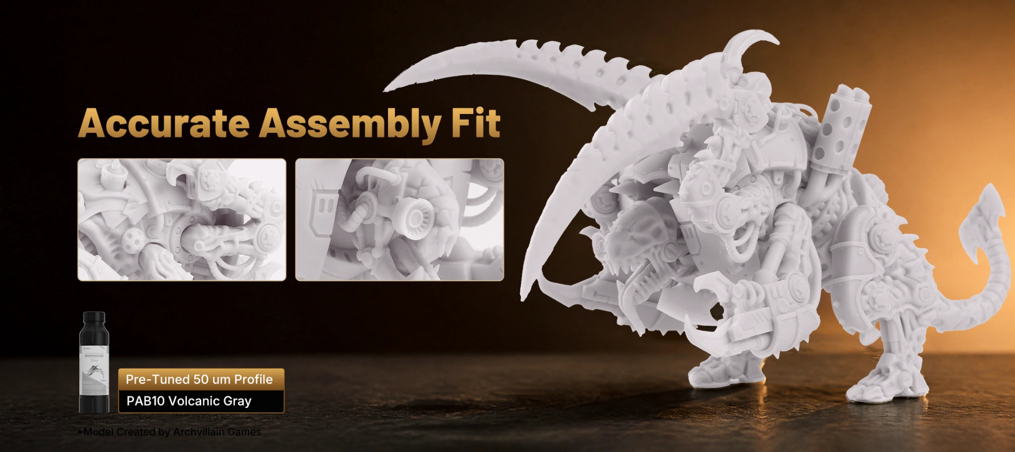 Assembled creature model printed on HeyGears RS Turbo with PAB10 Volcanic Gray resin, showing precise fit between detailed parts.