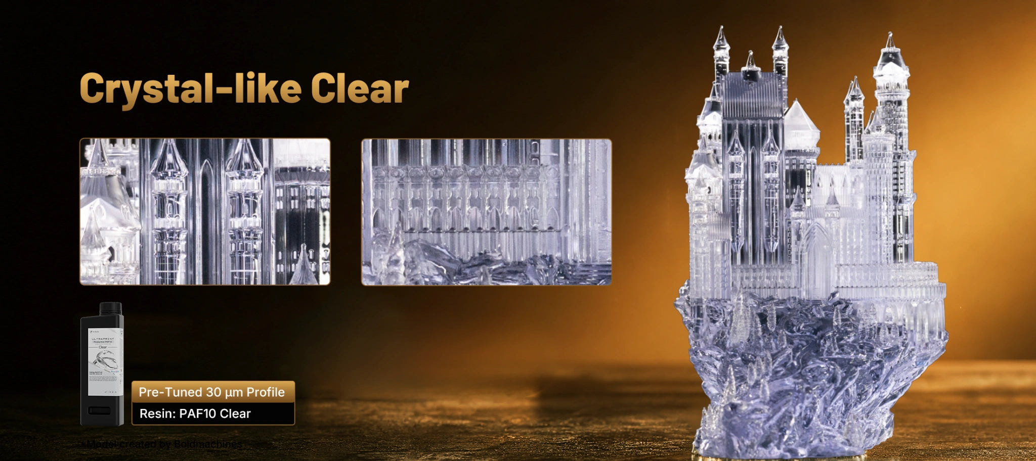 Crystal-clear castle model printed on HeyGears RS Turbo with PAF10 Clear resin using a pre-tuned 30 μm profile.