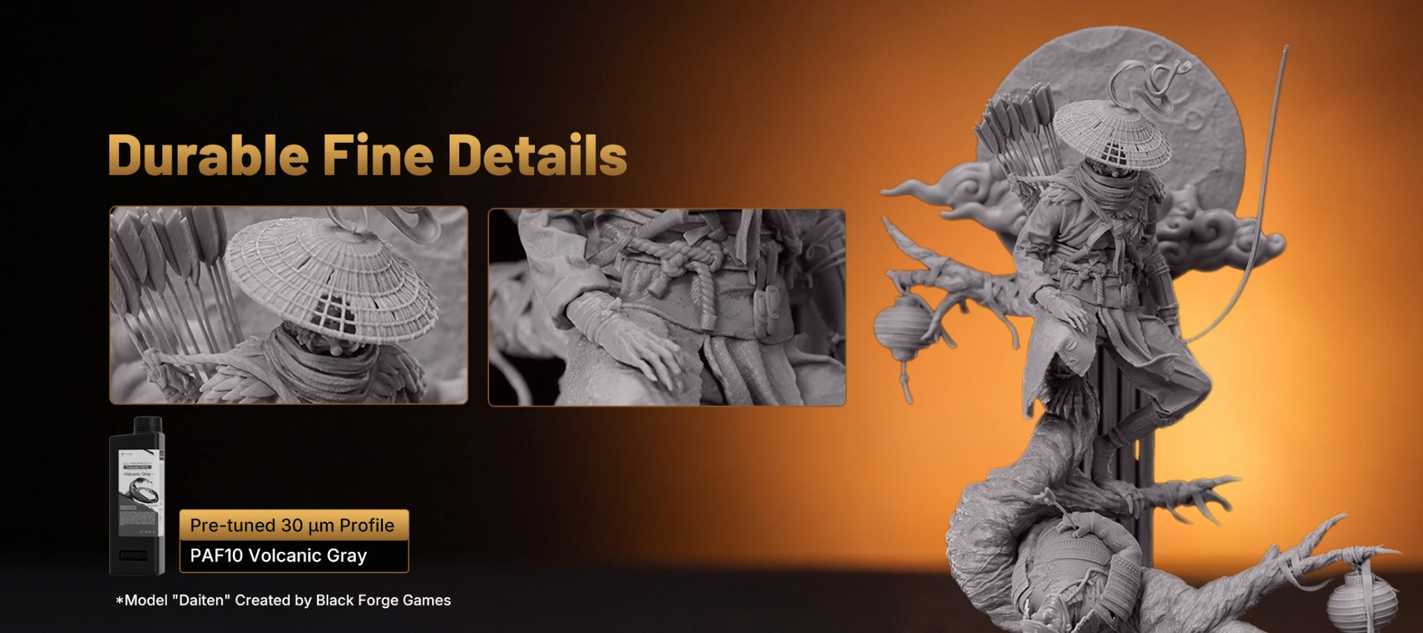 Detailed warrior miniature printed on HeyGears RS Turbo with PAF10 Volcanic Gray resin, highlighting durable fine details.
