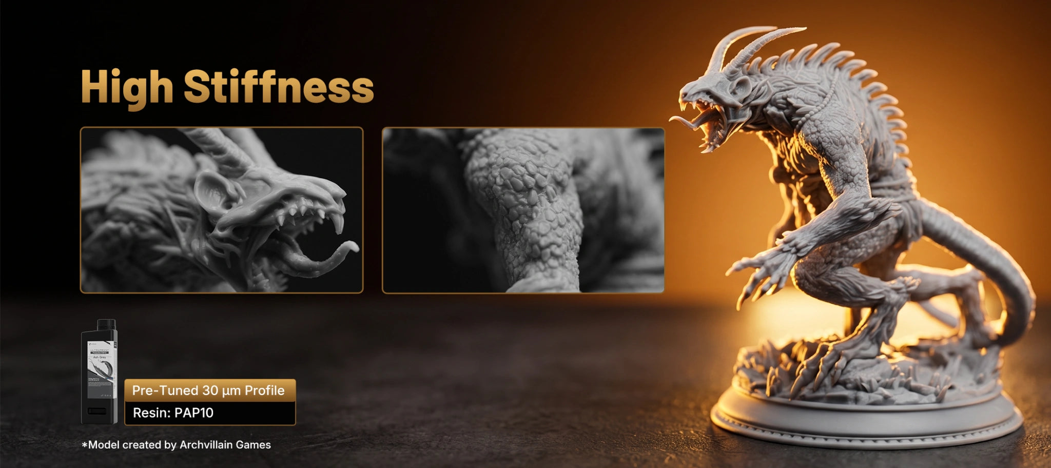 High-stiffness dragon miniature with fine scales and facial details printed on HeyGears RS Turbo using PAP10 resin.