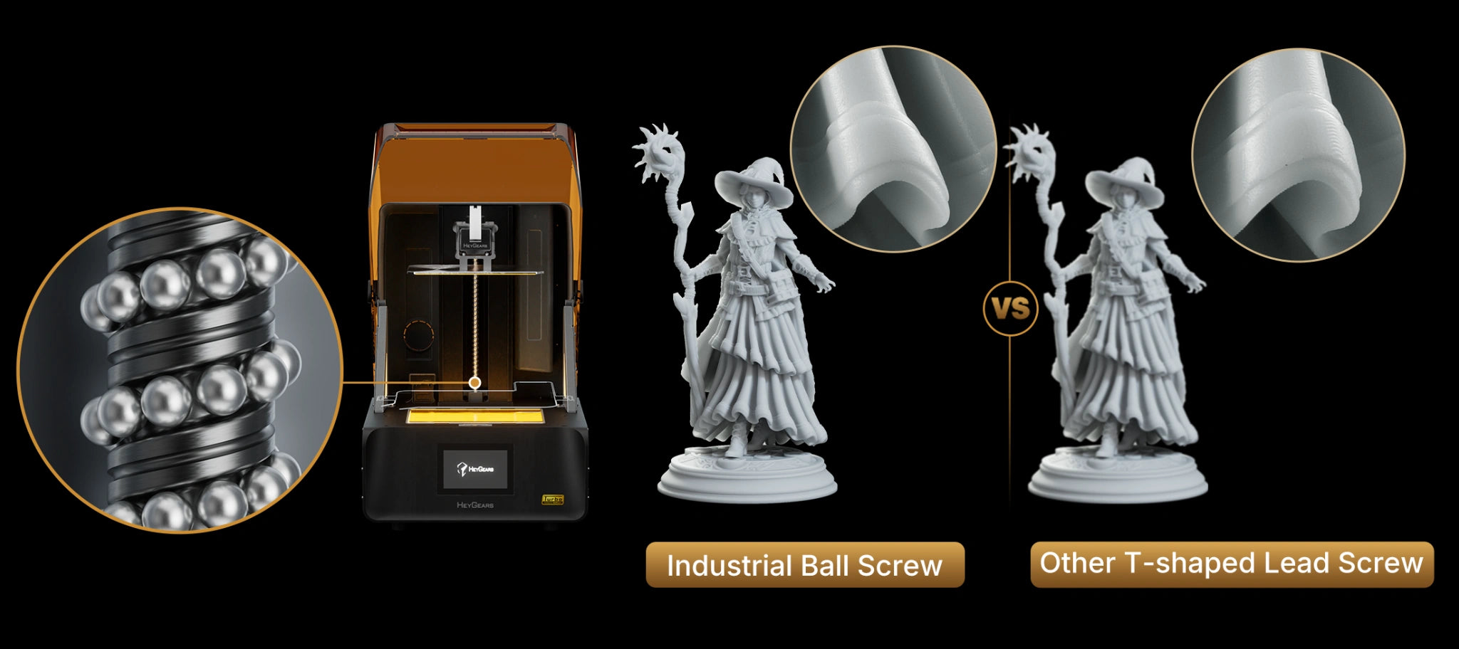 HeyGears RS Turbo industrial ball screw compared with a T-shaped lead screw, showing sharper surface detail on a printed miniature.